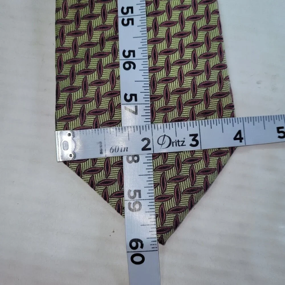 Wm King Clothiers Silk Necktie Mens One Size Olive Green Burgundy Geometric Leaf